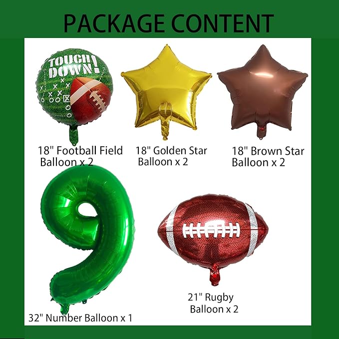 Football Balloons Foil Football Birthday Decorations Balloons Green Number 9 Balloon Gold Brown Star Touchdown Ballons for Rugby Birthday Decorations Sports Ballons Arch Kits Party Balloon Sets 9pcs