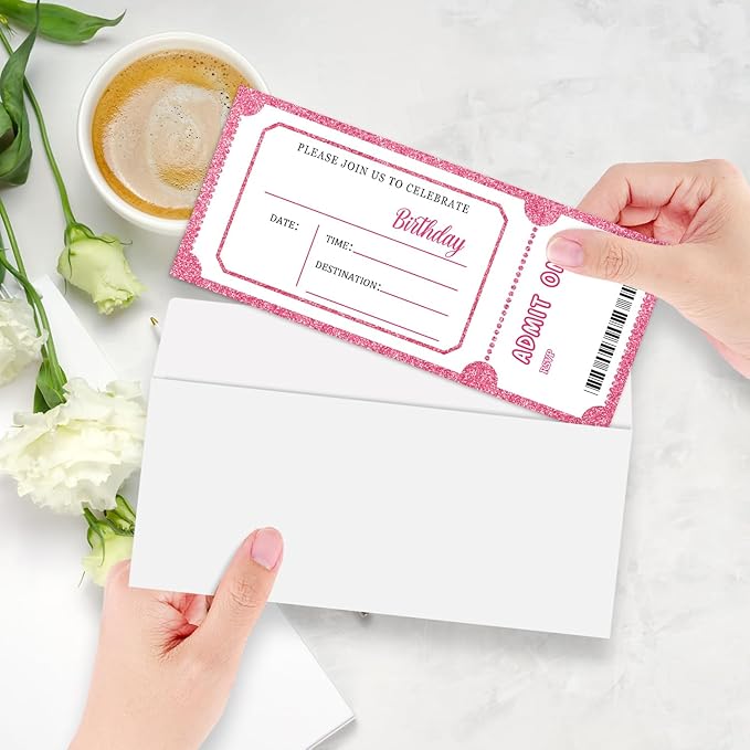 Pink Glitter Birthday Invitation Ticket, Glitter Invitation for Girls Teens, 20 Ticket With Envelopes, 3.5 x 8 inch Double-Sided Fill In Birthday Party Personalized Invites Cards - C