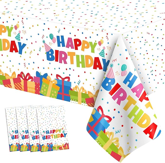 Birthday Tablecloth, 4 PCS Birthday Table Cloths 54'' x 108'' Disposable Birthdays Table Cover Waterproof Plastic TableCloth Rectangle Party Tablecloths for Kid’s Happy Birthdays Party Decorations