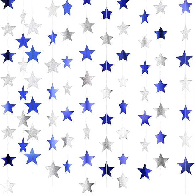 Blue Silver Glitter Star Garland Hanging Decorations, Streamer Bunting Banner Decorations,65 Feet, Twinkle Star Backdrop for Graduation, Birthday, Wedding, Christmas Party, New Year(Blue Silver)