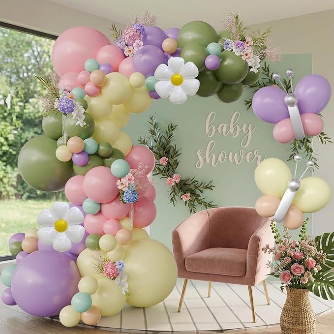 Butterfly Spring Balloon Arch Kit Flower Balloons 159Pcs Sage Green Pink Purple Balloons Fairy Balloon Garland for Wildflower Birthday Party Baby in Bloom Baby Shower Decorations