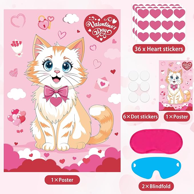 Hooqict Valentines Games for Kids Pin The Heart on The Cat Party Games Valentines Day Party Activities Galentines Day Decorations, Large Pin The Tail Poster with 36 Stickers