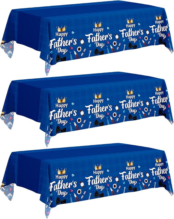3-Pack Father's Day Tablecloth, Fathers Day Party Decorations, 54" x 108" Blue Plastic Disposable Table Covers, Father's Day Party Supplies
