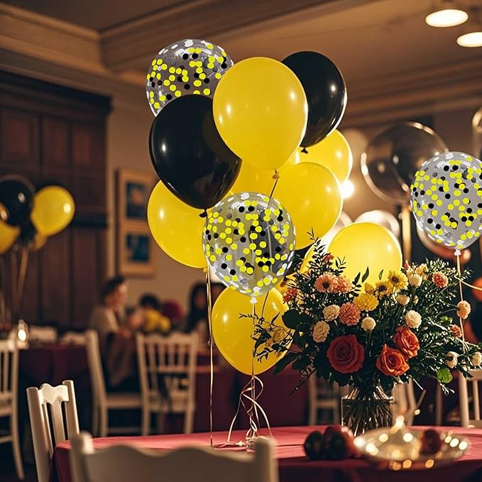 Yellow Black Balloons with Confetti Balloons 12 inch Latex Balloons 80 Pcs for Wedding Birthday Baby Shower Party Decorations