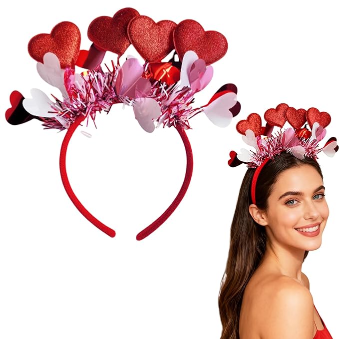 Valentines Headband with Sequin Heart Hair Accessories shiny pink Tassel Head Bopper red heart headbands for Women New Year Party Props Holiday Wedding Birthday Costume Accessory 1pcs