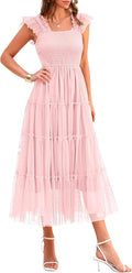 PRETTYGARDEN Women's Summer Tulle Midi Dress Sleeveless Smocked Ruffle Flowy Mesh Dresses Party Wedding Guest Sundress