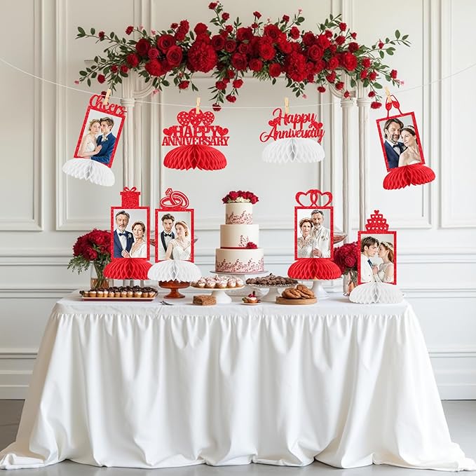 Cheereveal 8 Pieces Happy Wedding Anniversary Honeycomb Centerpiece, Red Glitter Photo Table Topper, Anniversary Theme Party Supplies for Adult 10th 20th 25th 30th 40th 50th 60th Decorations