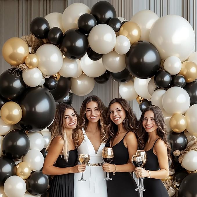 Black White Gold Balloon Arch Kit,Double Stuffed Pearl Sand White Balloon Garland Different Sizes 18/12/5 Inch Chrome Cream Balloons for Graduation Wedding Birthday Bachelorette Party Decorations