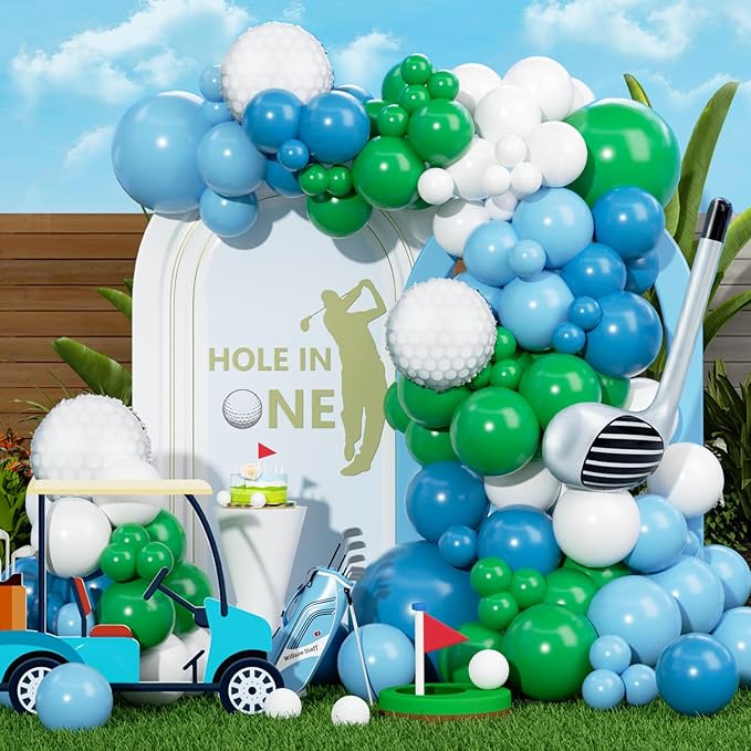 Hole in One Balloon Garland Arch Kit 131 Blue Green White Latex Balloons with Golf Cart and Ball Foil Balloons for Hole in One First Birthday Golf-Themed Retirement Party Decoration