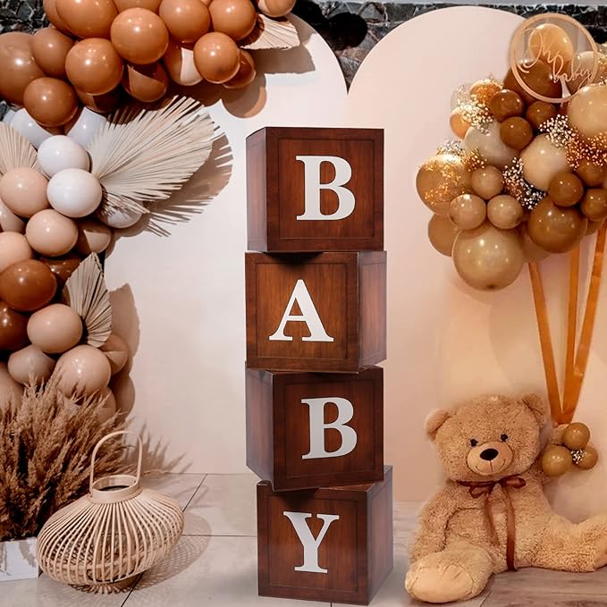 Baby Boxes with Letters for Baby Shower, 4pcs Grain Wood Balloon Boxes for Gender Reveal Birthday Wedding Teddy Bear Baby Shower Decorations (Wood)