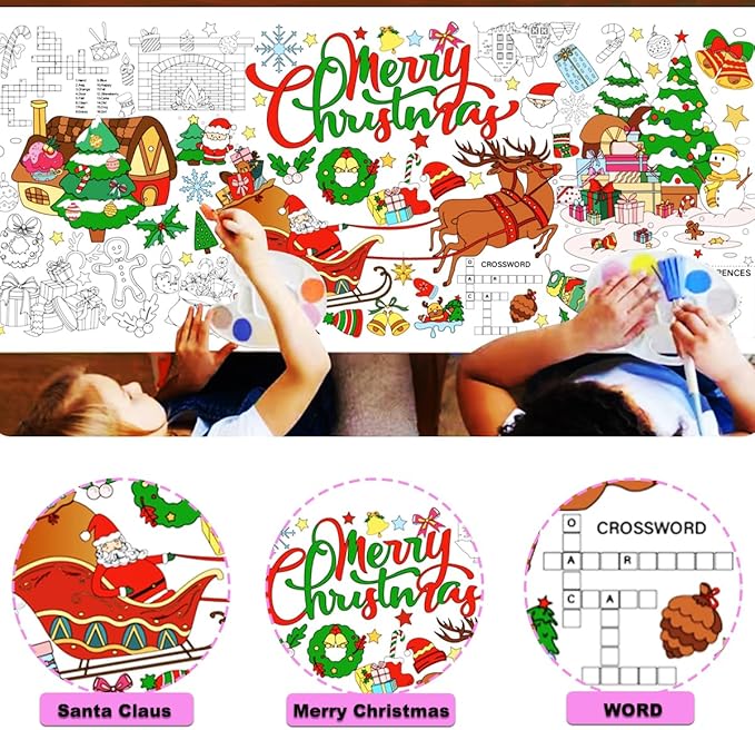 JUNQIU Christmas Coloring Tablecloth for Kids, 72 x 31Inches Giant Coloring Poster Banner - Christmas Crafts, Activities for Kids, Paper Color Tablecloths