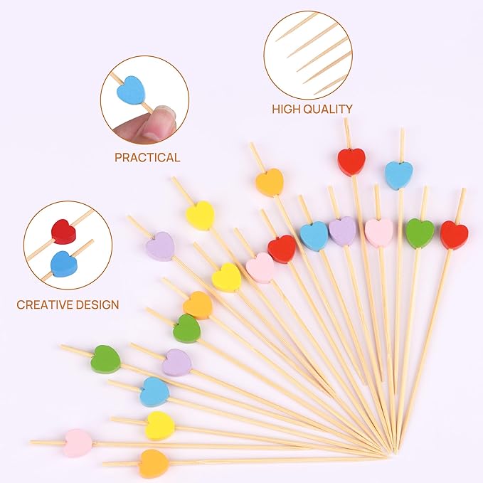 JtmyAota 100 Pack Fruit Toothpicks, Heart-Shaped Bamboo Cocktail Picks, Natural Bamboo Toothpicks for Appetizers Fruit Cake Dessert Barbecue Snacks Sandwiches (Orange)