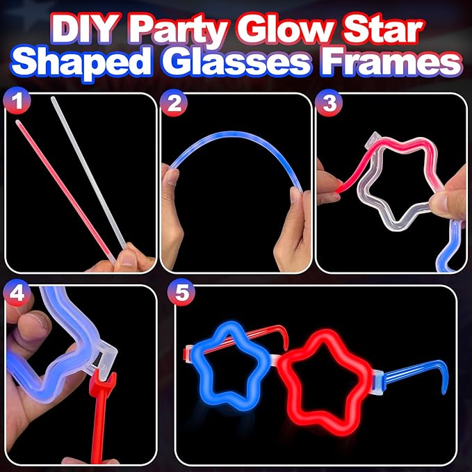 126 PCS 4th of July Glow Sticks Bracelets Necklaces with Connectors, 6 Red White Blue Glasses Glow in The Dark Party Supplies, Light Up Party Favors for Kids Adults, 250th Anniversary USA Accessories