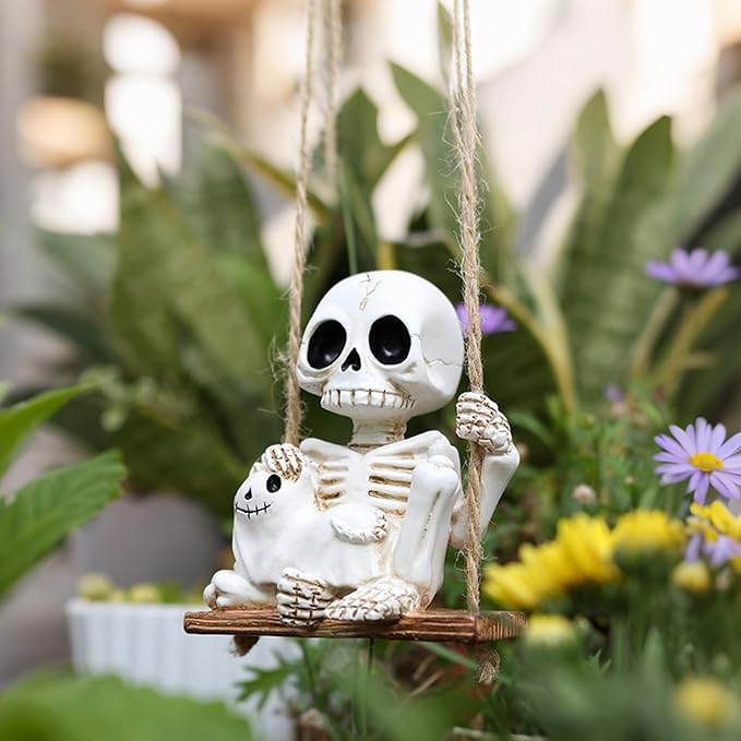 Halloween Skeleton Garden Statue Outdoor Halloween Decor, 2 Pack Gothic Decor Skeleton Plant Decorations for Pots, Cute Ghost Figurine Resin Sculpture for Desk Garden Patio Lawn Yard (F)