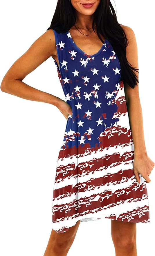 Deerose Women 4th of July Sleeeveless Dress Patriotic V Neck Tank Dresses with Pockets