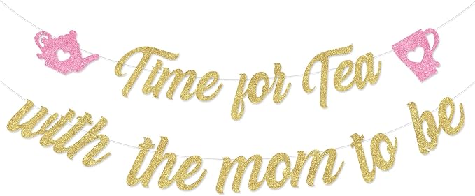 Cheereveal Pink Gold Glitter Tea with Mom to Be Banner, Vintage Teacup Teapot Printed Sign for Afternoon Tea Baby Shower Pregnancy Announcement Gender Reveal Party Decorations Supplies