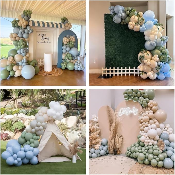 Sage Green and Blue Balloons, 35PCS Olive Green Dusty Blue Beige Cream Latex Balloon, Baby Boy Shower Balloons for Kids Rabbit Theme Baby Shower Birthday Boho Bridal Wedding Party Decorations Supplies