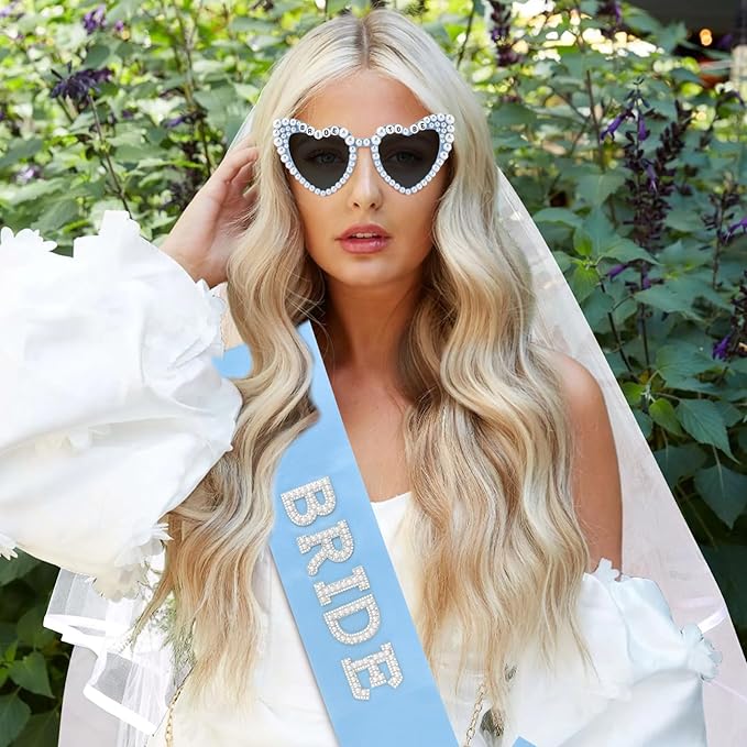 Bride to Be Set: Pearl-Trimmed Heart Sunglasses, Pearl BRIDE Sash & Tulle Veil - Bachelorette Party Bridal Accessories