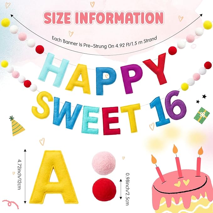 Fulmoon Pre Strung Happy Sweet 16 Banner Sixteenth Birthday for Girls Decorations Sweet 16th Party Sign for Birthday Bachelorette (Vibrant,Felt,Macaron Color)
