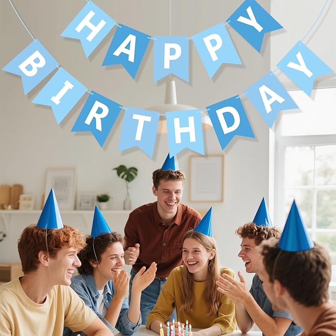 Happy Birthday Banner Sign, Birthday Garland Wall Door Hanging Banners Flag for Women Men Boys Girls Party Backdrop Decorations, Personalized Name Banner White Letters Light Blue