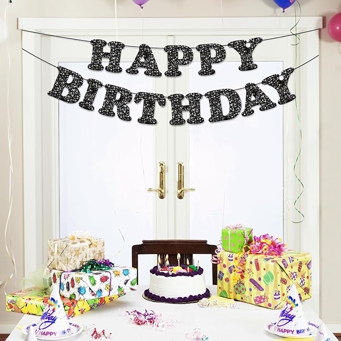 Glitter Black Happy Birthday Banner Birthday Party Decorations Sign Garland Bunting Banner for Wall Decor Party Background for Kids Boys Girls Adults
