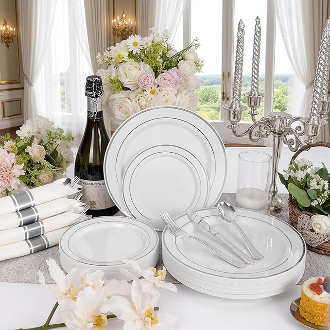175PCS Sliver Plastic Plates - Silver Plates Disposable - White Plate with Silver Trim 25Guests Plastic Dinnerware Sets with Rolled Napkins for Wedding Baby Shower Spring Birthday
