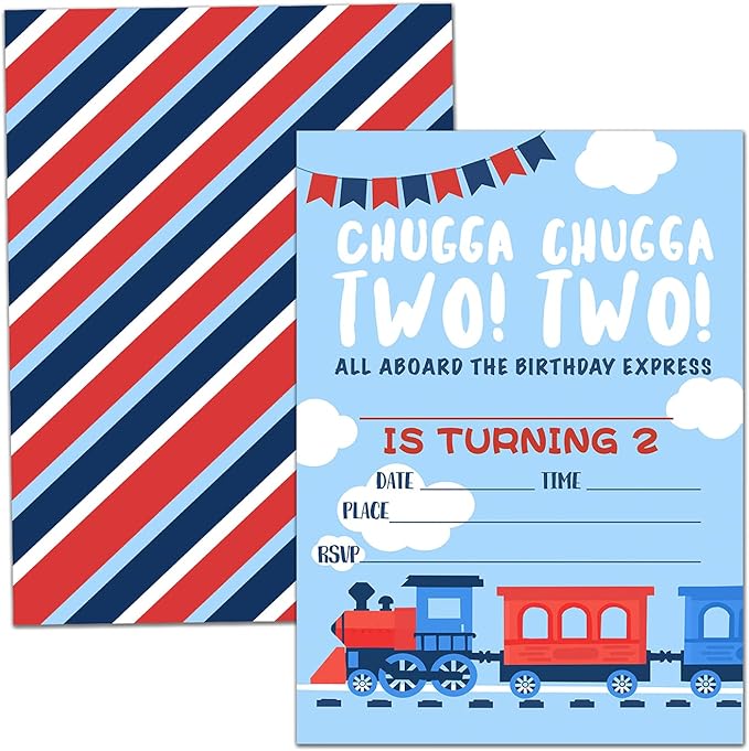 Birthday Party Invitation Cards, Stream Train Party Celebration, 2nd Birthday Chugga Chugga Two Two Train，Party Supplies, Favors, 20 Cards With 20 Envelopes – (blue 2y)