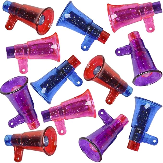 ArtCreativity Mini Glitter Megaphone Whistles Set of 12, Fun Noise Makers Party Favors for Kids, Durable Plastic Material, Christmas Gift for Kids, Child New Year Party Gifts