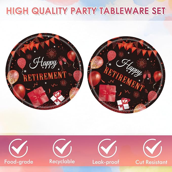 40PCS Retirement Party Decorations Women Red Retirement Paper Plates and Napkins Disposable Dinnerware Kit for Women Going Away,Serves 20