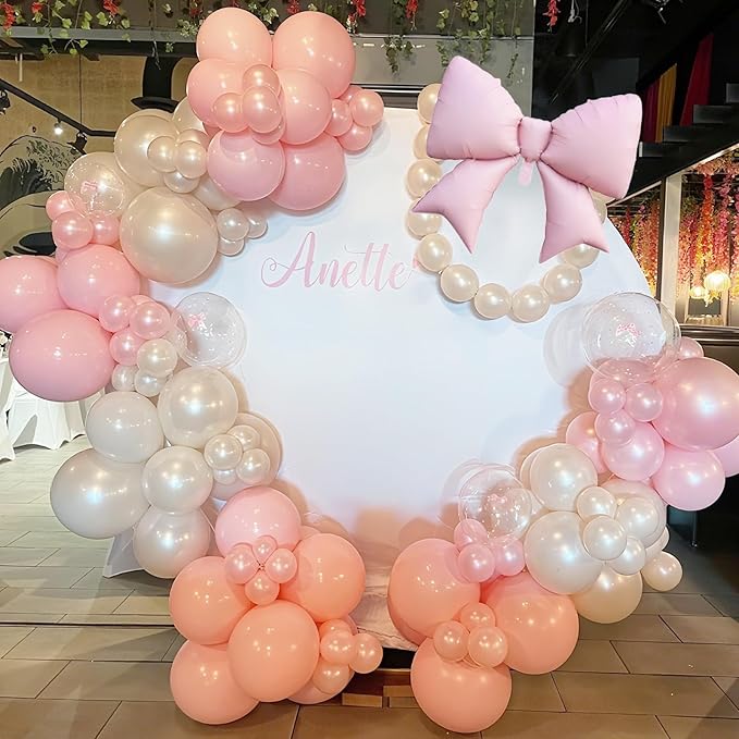 Double Stuffed Pearl White and Pink Balloon Arch Garland Kit, Pearl White Beige with Pink Bow Foil Balloons for Girls Women Wedding Bridal Baby Shower Bachelorette Coquette Birthday Party Decorations