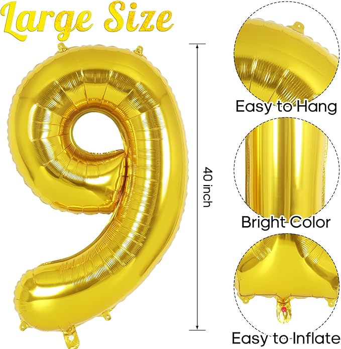 Gold Number 9 Balloon 40 Inch, Big Large Foil Helium Number Balloons, Jumbo Giant Mylar Number 9 Balloons for 9 Year Old Birthday Party Decorations Supplies Anniversary Celebration