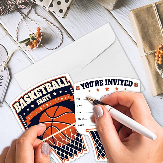 REWIDPARTY Basketball Party Invitations with Envelopes & Stickers（Set of 15） Basketball Birthday Party Shaped Fill-in Invitations Basketball Game Invite Card Basketball Party Supplies for Kids Adults