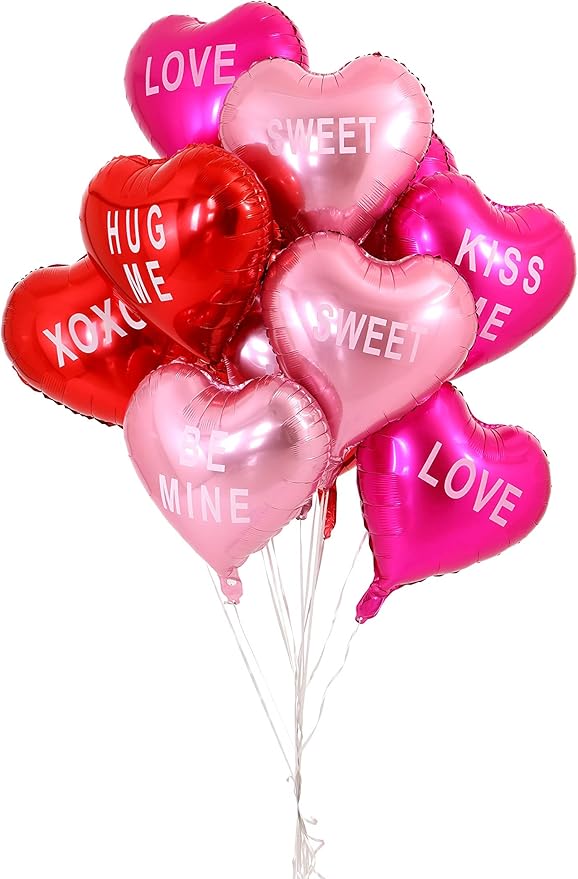 12 pcs Heart Balloons,18" Foil Love Balloons Mylar Balloons, XOXO LOVE SWEET BE MINE heart balloons Valentines Day Decorations Balloons for Propose,Wedding Décor Backdrop & Party Supplies (TEXT HEART)