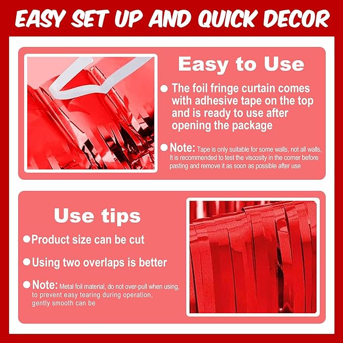 6 Pack Red Foil Fringe Curtains Backdrop, 3.28 x 9.8 Ft Metallic Streamers Tinsel Curtains Background for Photo Booth, Birthday, Halloween, Christmas, Thanksgiving, New Year Party Decorations