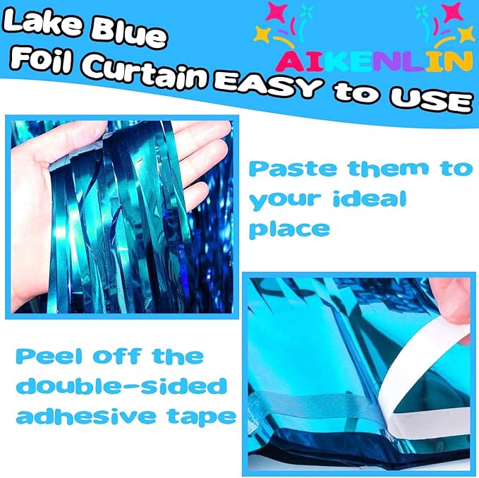 4 Pack 3.3Ft x 6.6Ft Lake Blue Foil Fringe Curtain Backdrop, Metallic Tinsel Foil Fringe Streamers Curtains Background for Photo Booth, Birthday, Wedding, Halloween, Christmas Party Decoration
