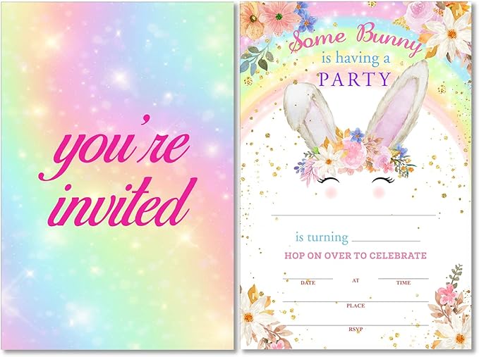 Soiceu Colorful Rainbow Bunny Birthday Party Invitations with Envelopes Set of 20 Floral Some Bunny Girl Birthday Party Invites