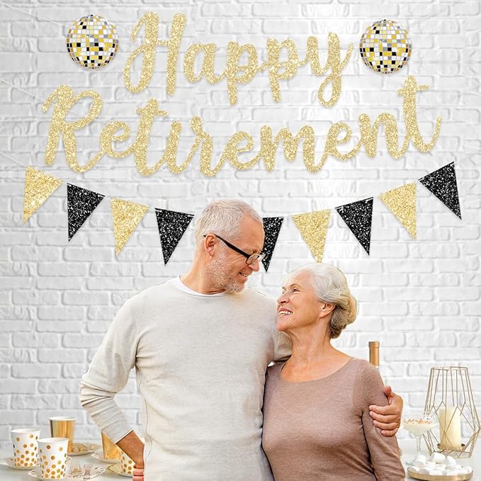Pre Strung Happy Retirement Banner Party Decorations Gold Black Glitter Sign Bunting for Men & Women NO DIY