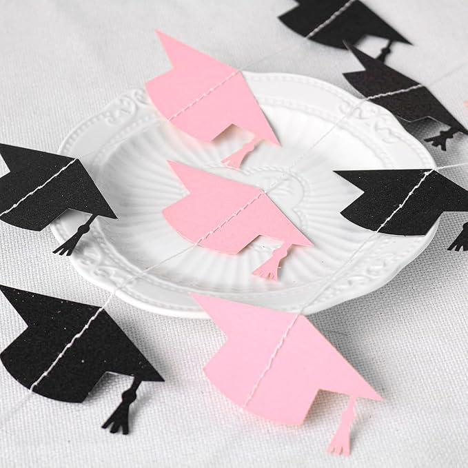Black and Pink Graduation Garland Graduation Party Decorations Class of 2026 Grad Cap Garland Banner Streamers for Grad Party Hanging Decorations 39Feet