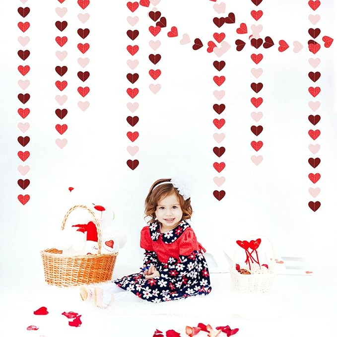 Valentines Day Party Decorations Pink-Red Heart-Garland - 52ft Burgundy Proposal Special Night Galentines Hanging Streamers Banner,Girl Romantic Wedding Anniversary Baby Bridal Shower Engagement Decor