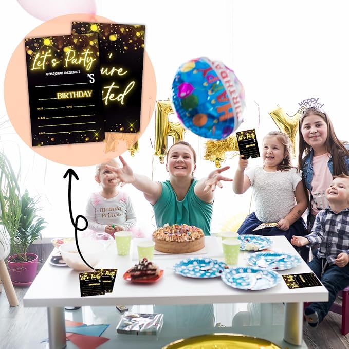 Let's Party! Birthday Party Invitation Cards for Boys Girls, Gold Glitter Birthday Celebration Party Invite Cards Supplies, 20 Double-Sided Fill In Invites With Envelopes -16