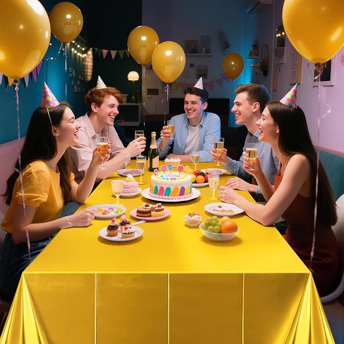 4 Pieces Bright Gold Metallic Foil Tablecloth - Stunning Matte Finish, Durable and Easy to Clean - Perfect for Bachelorette, Birthday, Wedding, and Anniversary Party Decorations