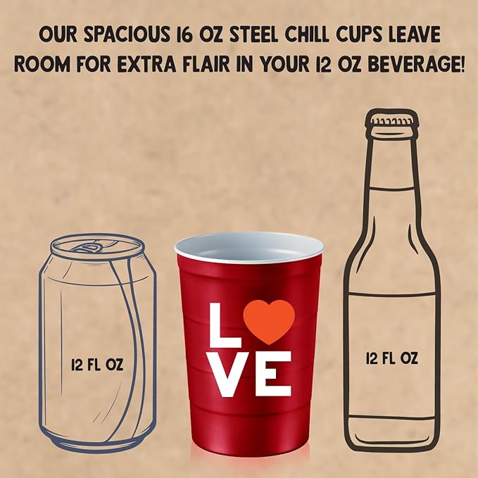 16 oz. Party Cup Love Heart Design for Cold Drinks, Durable, Disposable, Recyclable, Made in USA, Red, 12 Count