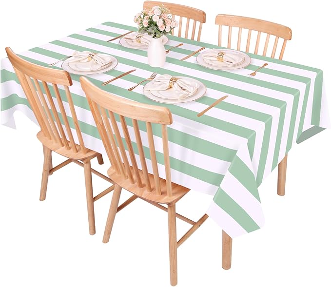Kesfey 3 Packs Sage Green and White Vertical Striped Table Cloth 54 x 108 Inches Sage Green Stripe Table Cover Disposable Plastic Sage Green Tablecloths Waterproof Picnic Tablecover for Baby Shower