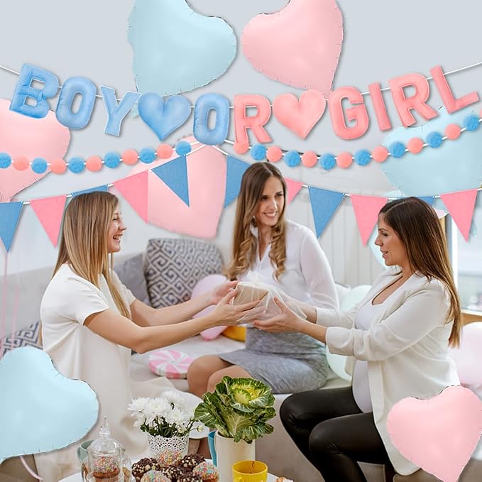 Gender Reveal Banner Set with Pre-Strung 3D Boy or Girl Felt Banner, Pom Pom Garland, Triangle Fabric Bunting, 12 PCS Pink Blue Heart Shaped Balloons, Baby Shower Decorations for Girls Boys Twins