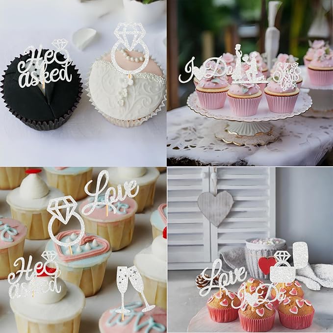 60 Pcs He Asked She Said Yes Cupcake Toppers,Engagement Cupcake Toppers Glitter Diamond Ring Heart Love I Do Cupcake Picks for Engagement Wedding Party Cake Decorations,Silver