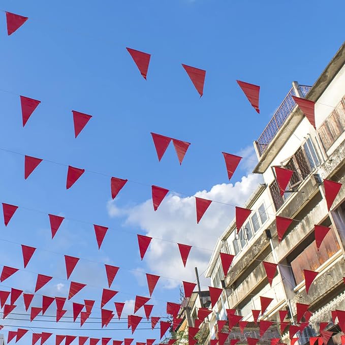Novelty Place 36 Feet Solid Red Pennant Banner - 30 Multicolor Bunting Flags (8x11 Inches) - Birthday Party Grand Opening Holiday Decorations