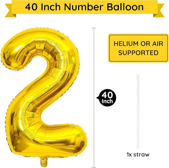 Gold Number 2 Balloon, 40 Inch Large Number Foil Mylar Balloons for 2nd Girl Boy Birthday Party Celebration Decorations Supplies, Digital Balloons for Wedding Anniversary Events Decor