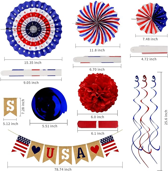 26Pcs Patriotic Decorations 4th of July Decorations LOVE USA Banner Red White Blue Paper Fans Star Streamer Pom Poms Hanging Swirls for Veterans Labor Presidents Flag Memorial Day