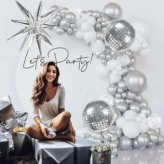 Disco Party Balloon Garland Arch Kit 134 Pcs Metallic Silver Matte White Confetti Balloons Disco balls for Adult Birthday Dancing Decor Graduation Party New Year Eve 2026 NYE Decoration