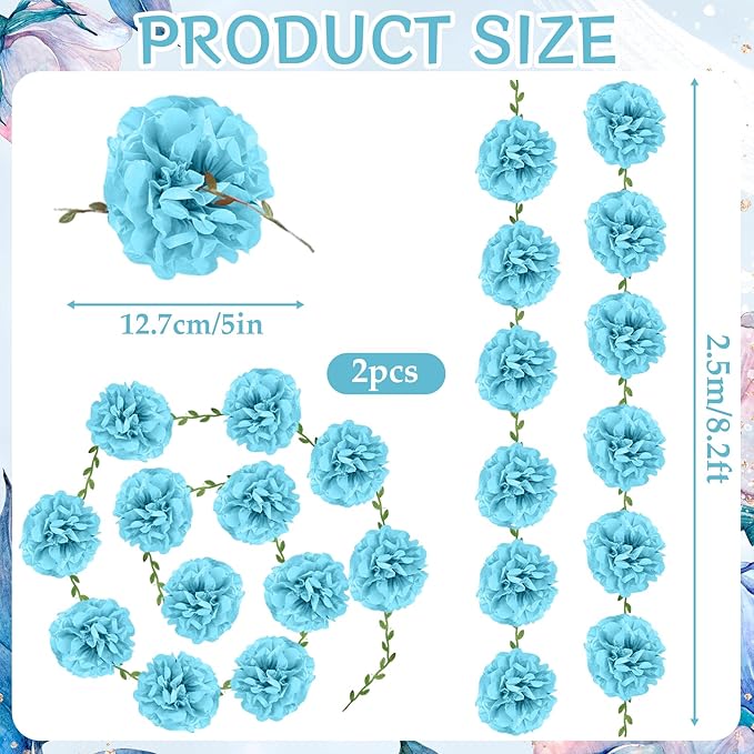 Blue Flower Garland for Backdrop - 2 Pcs Hanging Artificial Floral Garlands for Room Wall Table Home Decor, 8.2 Ft Faux Paper Flower Vines for Garden Wedding Arch Party Decoration